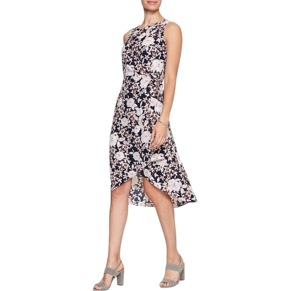 BANANA REPUBLIC | Navy Blue White Floral Print Faux Wrap Midi Dress NWT Sz 2 - Picture 1 of 15
